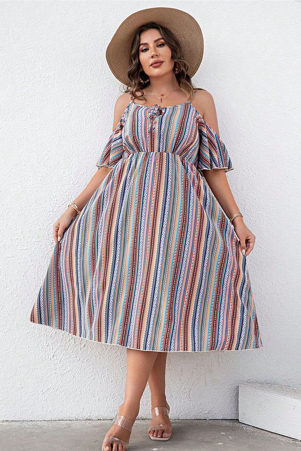 Plus Size Striped Cold-Shoulder Dress - RebelReine Apparel & Co.