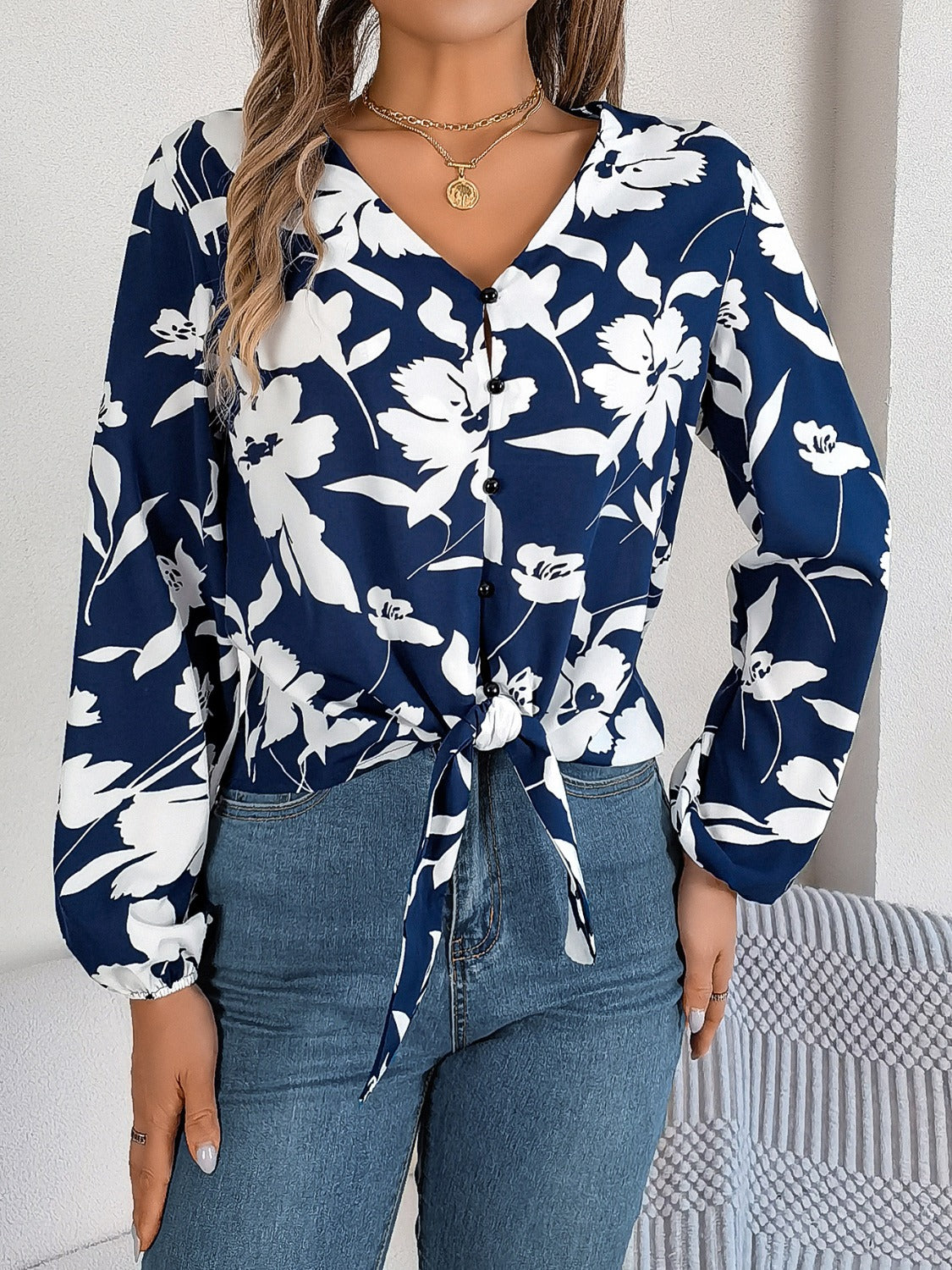 Printed V-Neck Long Sleeve Blouse - RebelReine Apparel & Co.