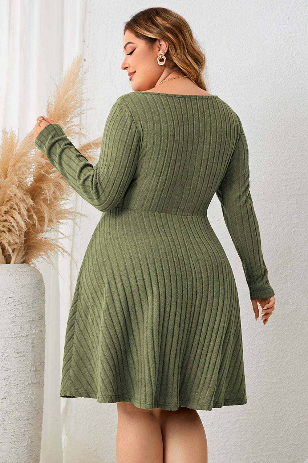 Plus Size Sweetheart Neck Long Sleeve Ribbed Dress - RebelReine Apparel & Co.