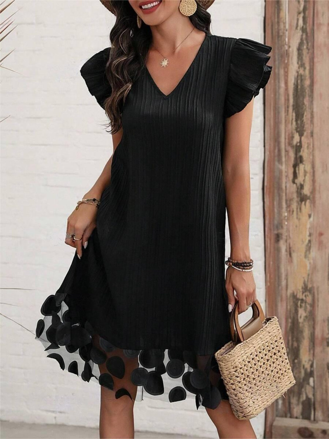 Ruffled V-Neck Cap Sleeve Dress - RebelReine Apparel & Co.