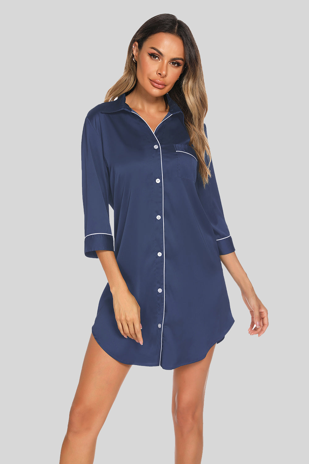 Button Up Collared Neck Night Dress with Pocket - RebelReine Apparel & Co.