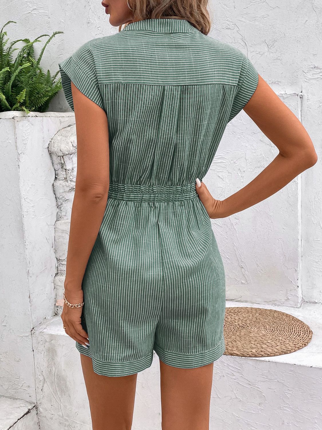 Striped Notched Tie Waist Romper - RebelReine Apparel & Co.