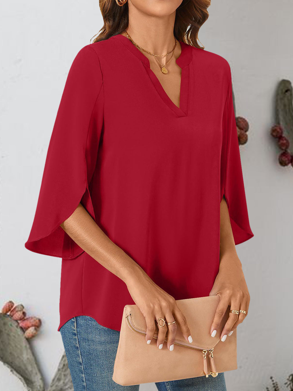 Notched Slit Half Sleeve Blouse - RebelReine Apparel & Co.