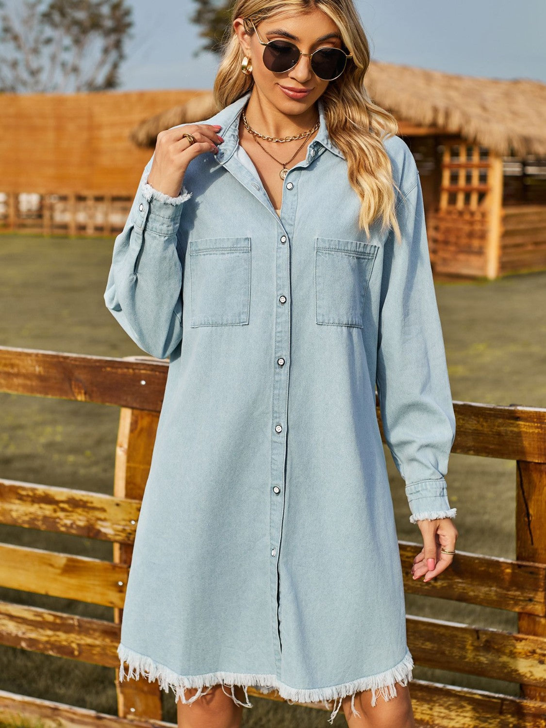 Button Up Collared Neck Raw Hem Denim Dress - RebelReine Apparel & Co.