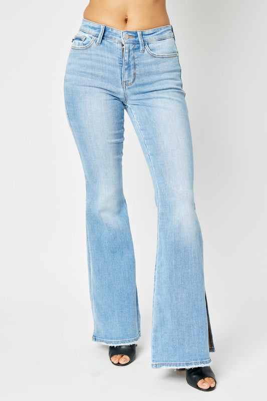 Judy Blue Full Size Mid Rise Raw Hem Slit Flare Jeans - RebelReine Apparel & Co.