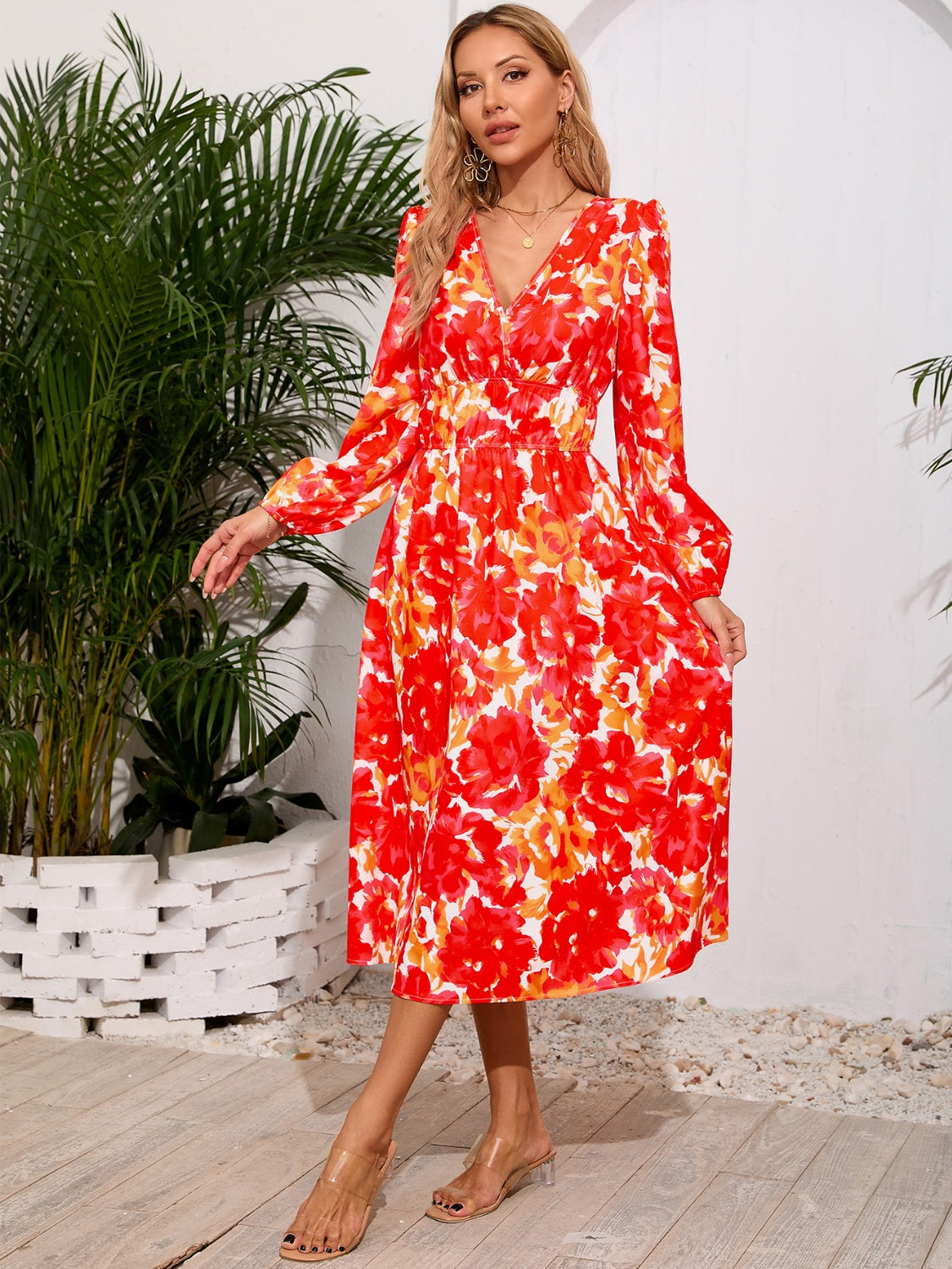 Printed Surplice Long Sleeve Midi Dress - RebelReine Apparel & Co.