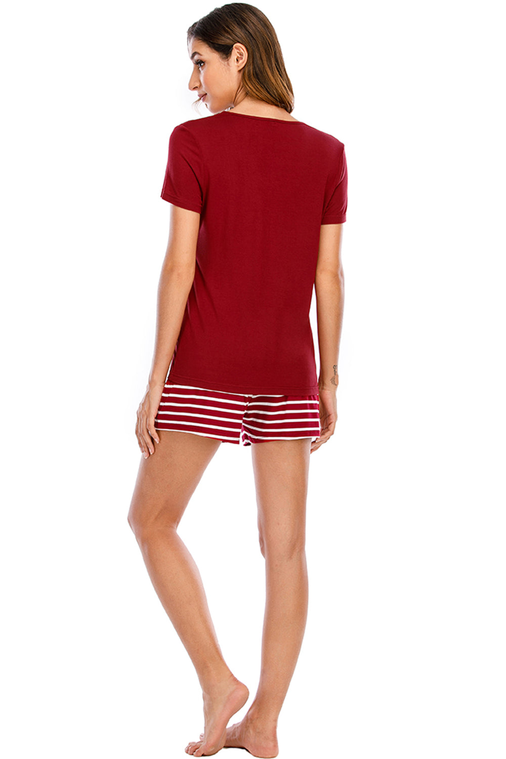 Graphic Round Neck Top and Striped Shorts Lounge Set - RebelReine Apparel & Co.