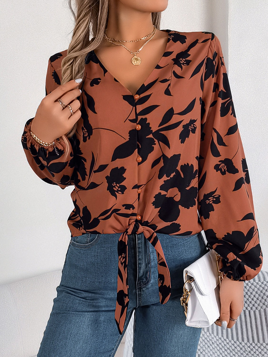 Printed V-Neck Long Sleeve Blouse - RebelReine Apparel & Co.