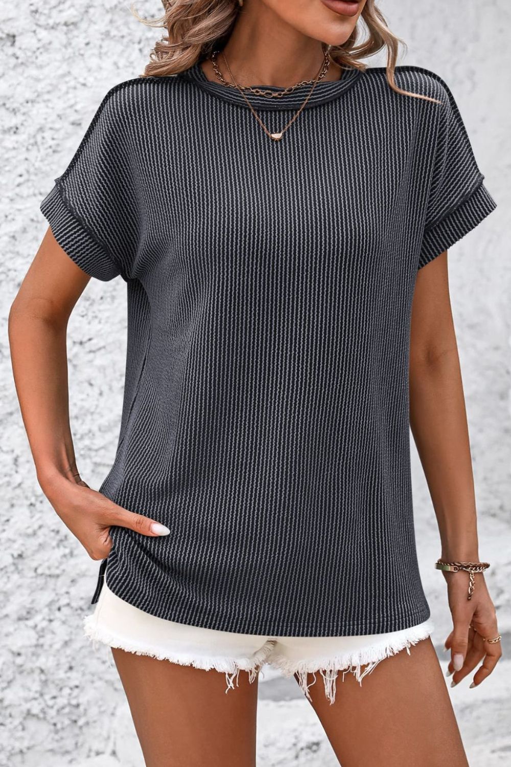 Striped Round Neck Short Sleeve T-Shirt - RebelReine Apparel & Co.