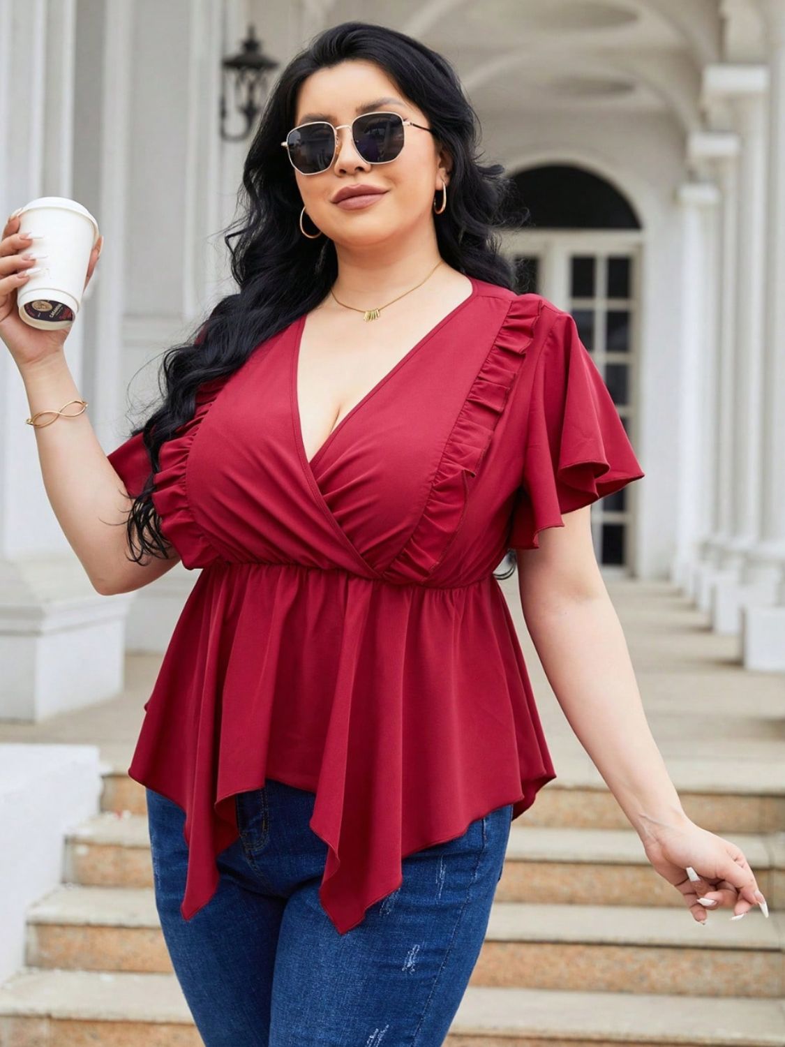 Plus Size Frill Surplice Flutter Sleeve Blouse - RebelReine Apparel & Co.