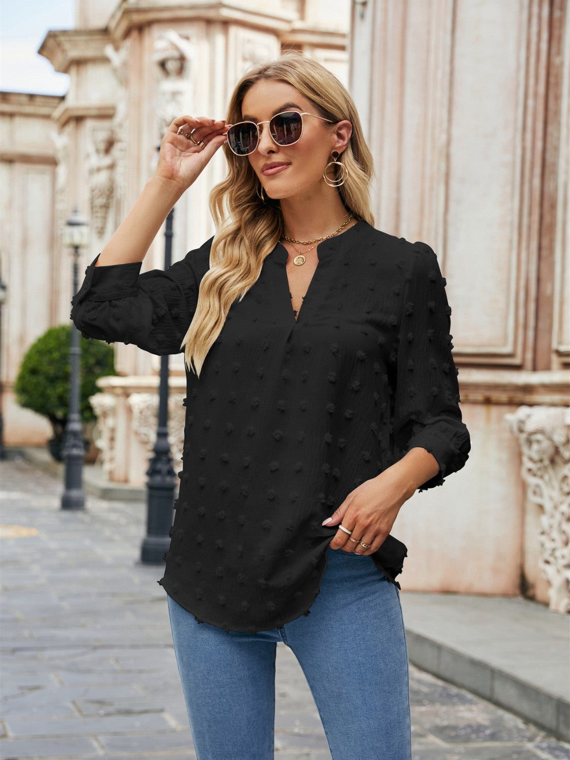 Swiss Dot Notched Neck Blouse - RebelReine Apparel & Co.