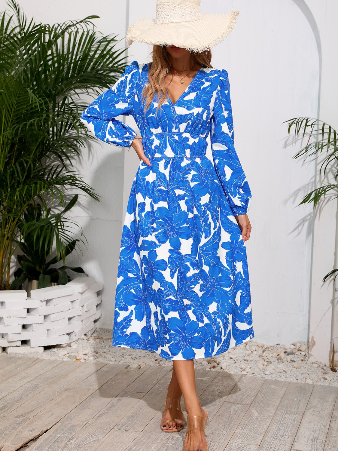 Printed Surplice Long Sleeve Midi Dress - RebelReine Apparel & Co.