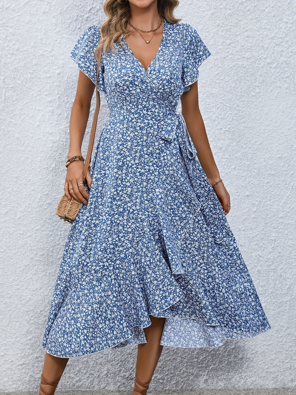 Printed Surplice Flutter Sleeve Midi Dress - RebelReine Apparel & Co.