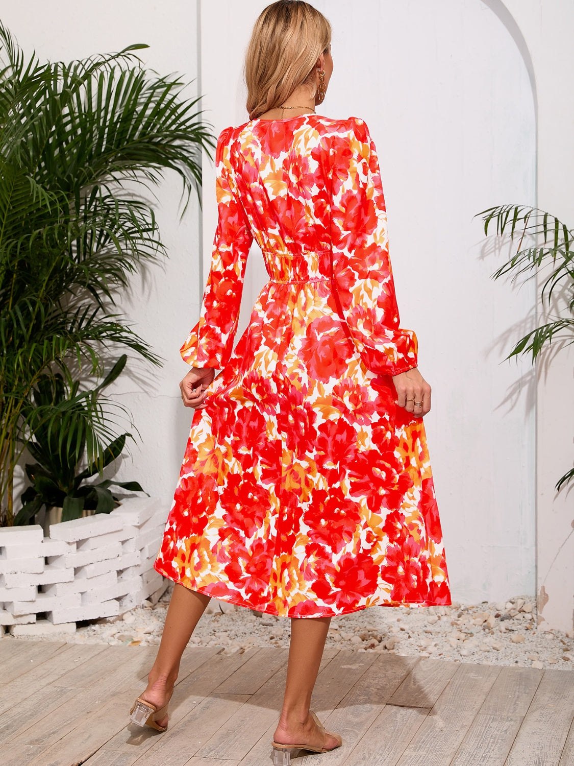 Printed Surplice Long Sleeve Midi Dress - RebelReine Apparel & Co.