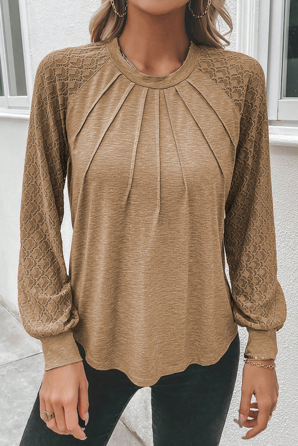 Light French Beige Contrast Lace Raglan Sleeve Plicate Round Neck Top - RebelReine Apparel & Co.