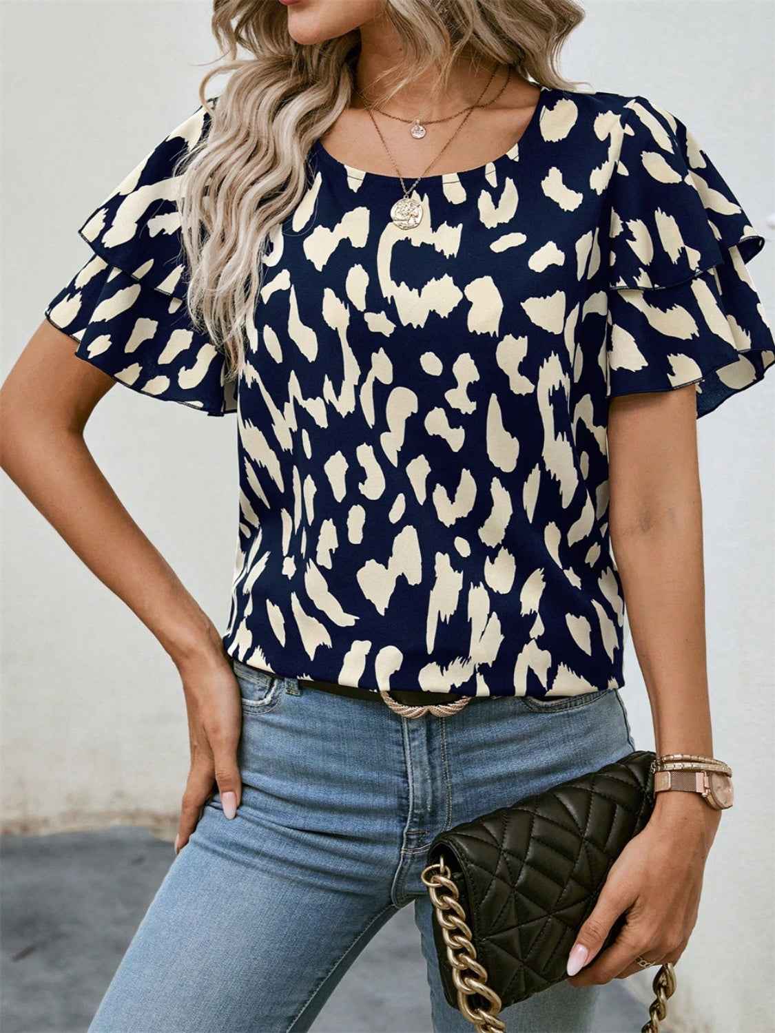 Ruffled Printed Round Neck Short Sleeve Blouse - RebelReine Apparel & Co.