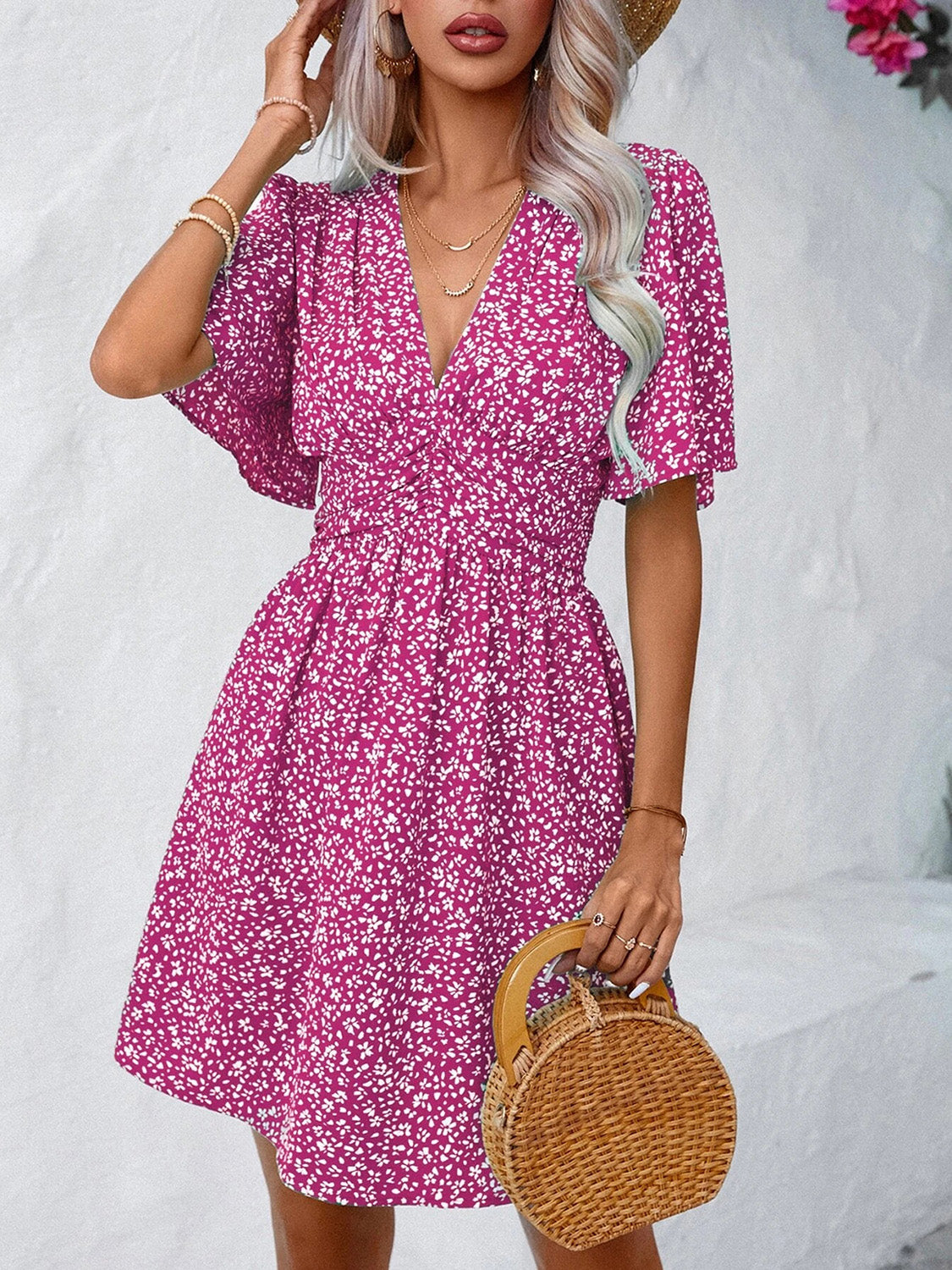 Printed V-Neck Half Sleeve Mini Dress - RebelReine Apparel & Co.