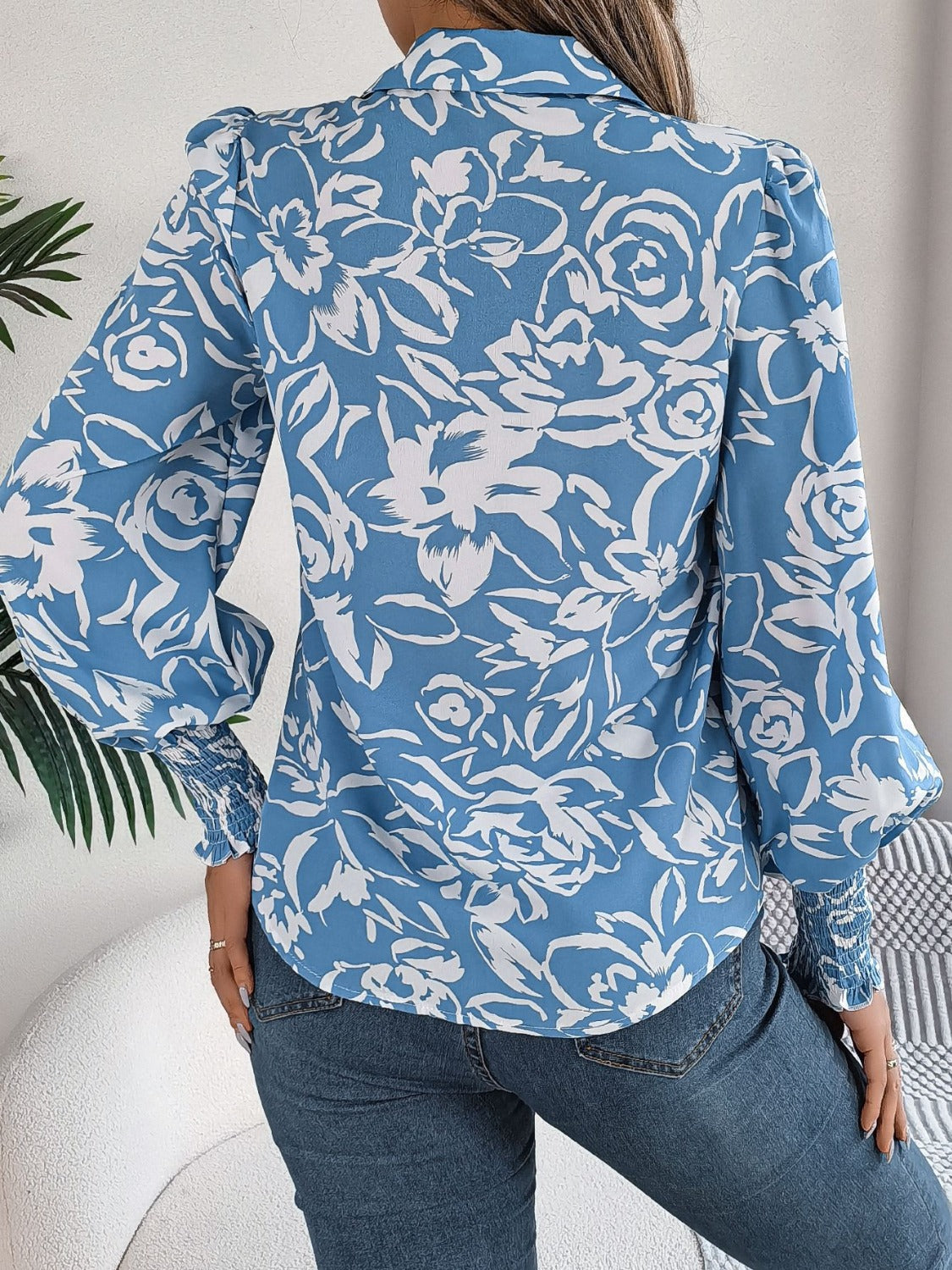 Printed Collared Neck Lantern Sleeve Shirt - RebelReine Apparel & Co.