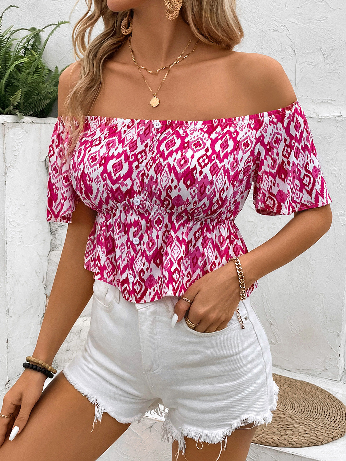 Peplum Printed Off-Shoulder Short Sleeve Blouse - RebelReine Apparel & Co.