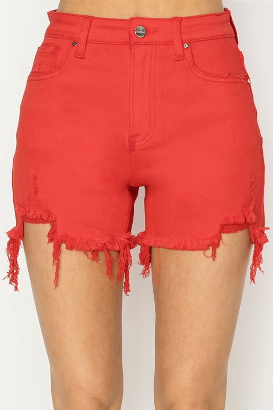 RISEN High Rise Distressed Denim Shorts - RebelReine Apparel & Co.