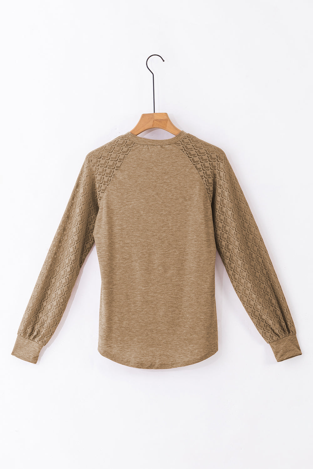 Light French Beige Contrast Lace Raglan Sleeve Plicate Round Neck Top - RebelReine Apparel & Co.