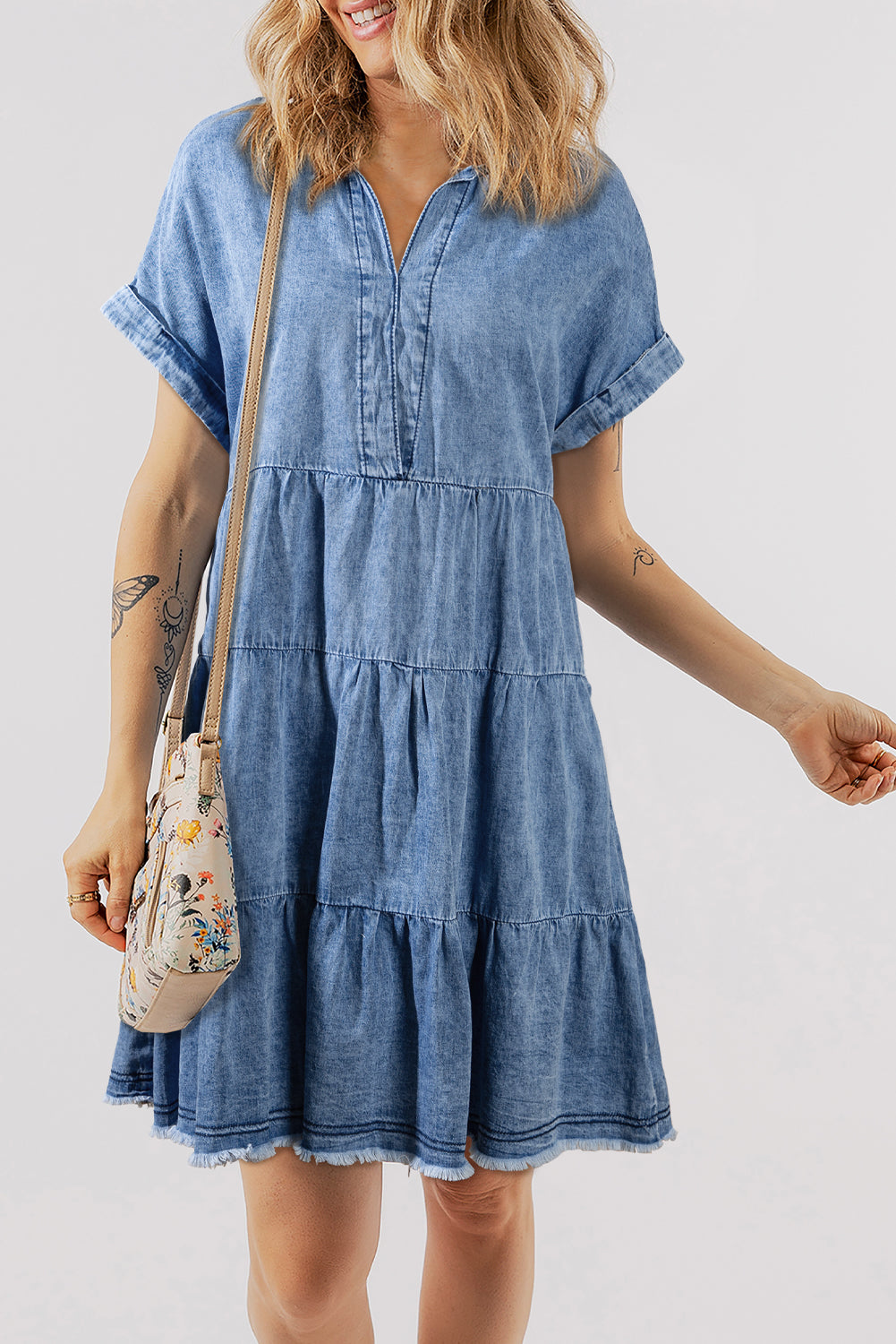 Raw Hem Collared Neck Short Sleeve Denim Dress - RebelReine Apparel & Co.