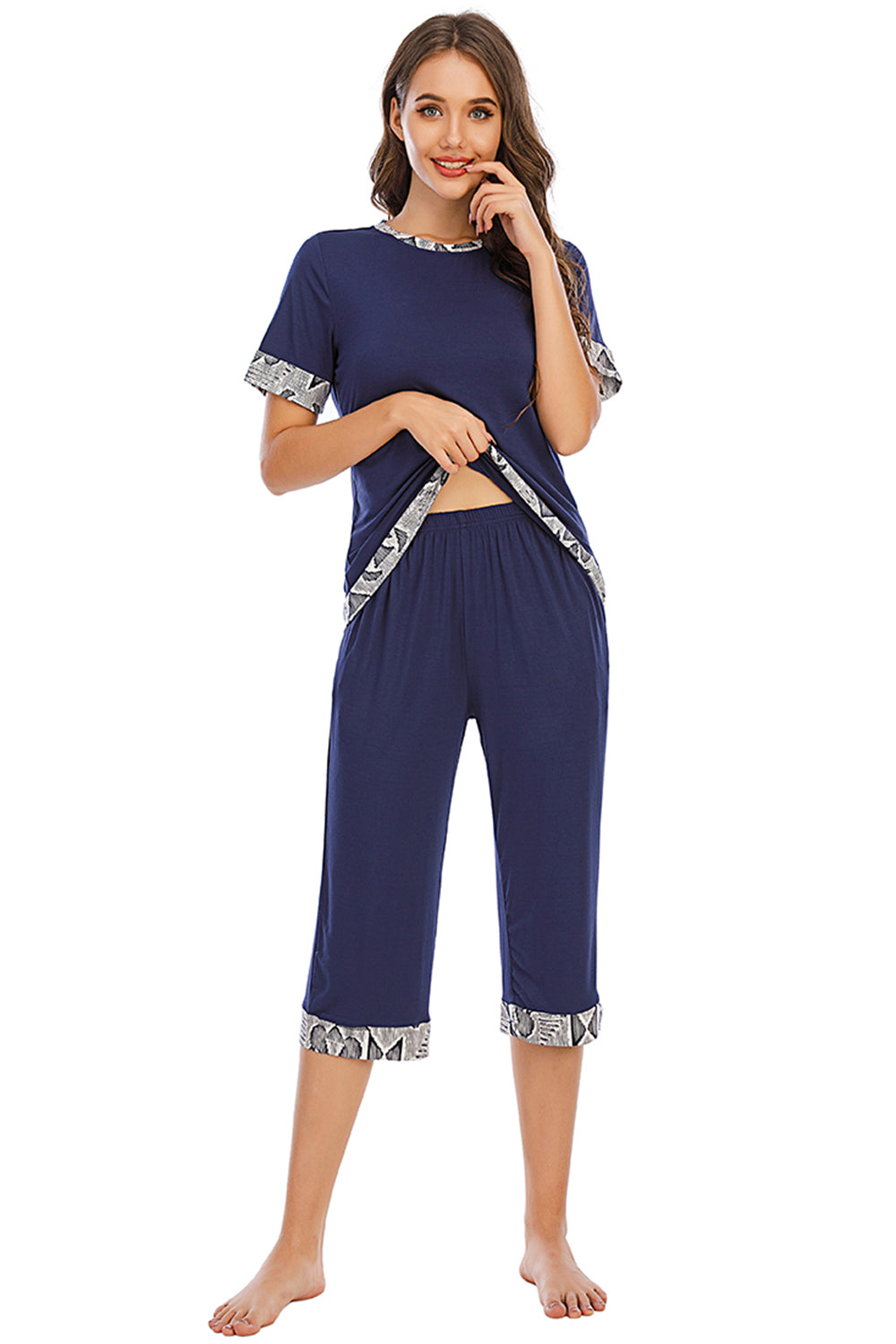 Round Neck Short Sleeve Top and Capris Pants Lounge Set - RebelReine Apparel & Co.