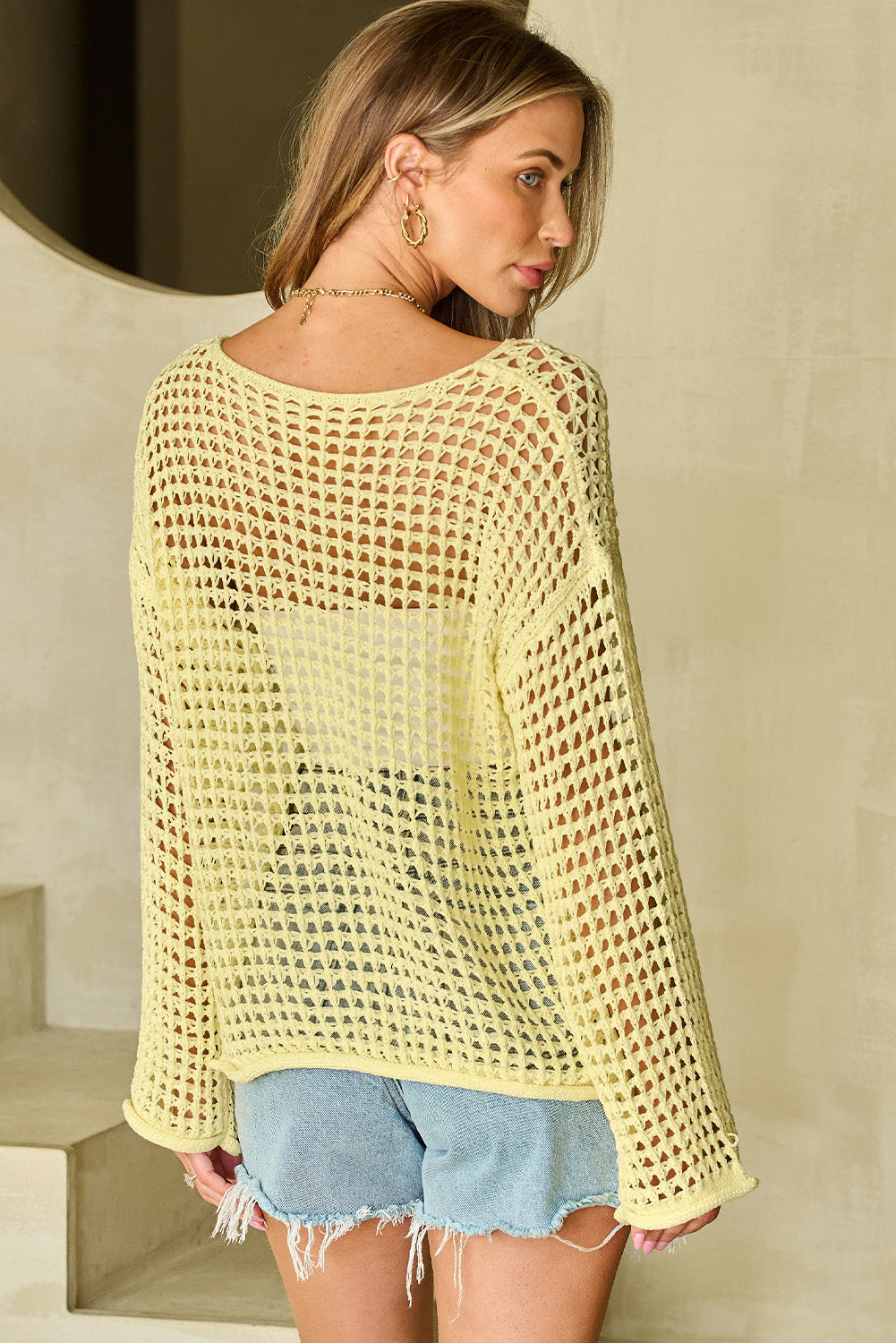 Openwork Round Neck Dropped Shoulder Knit Top - RebelReine Apparel & Co.