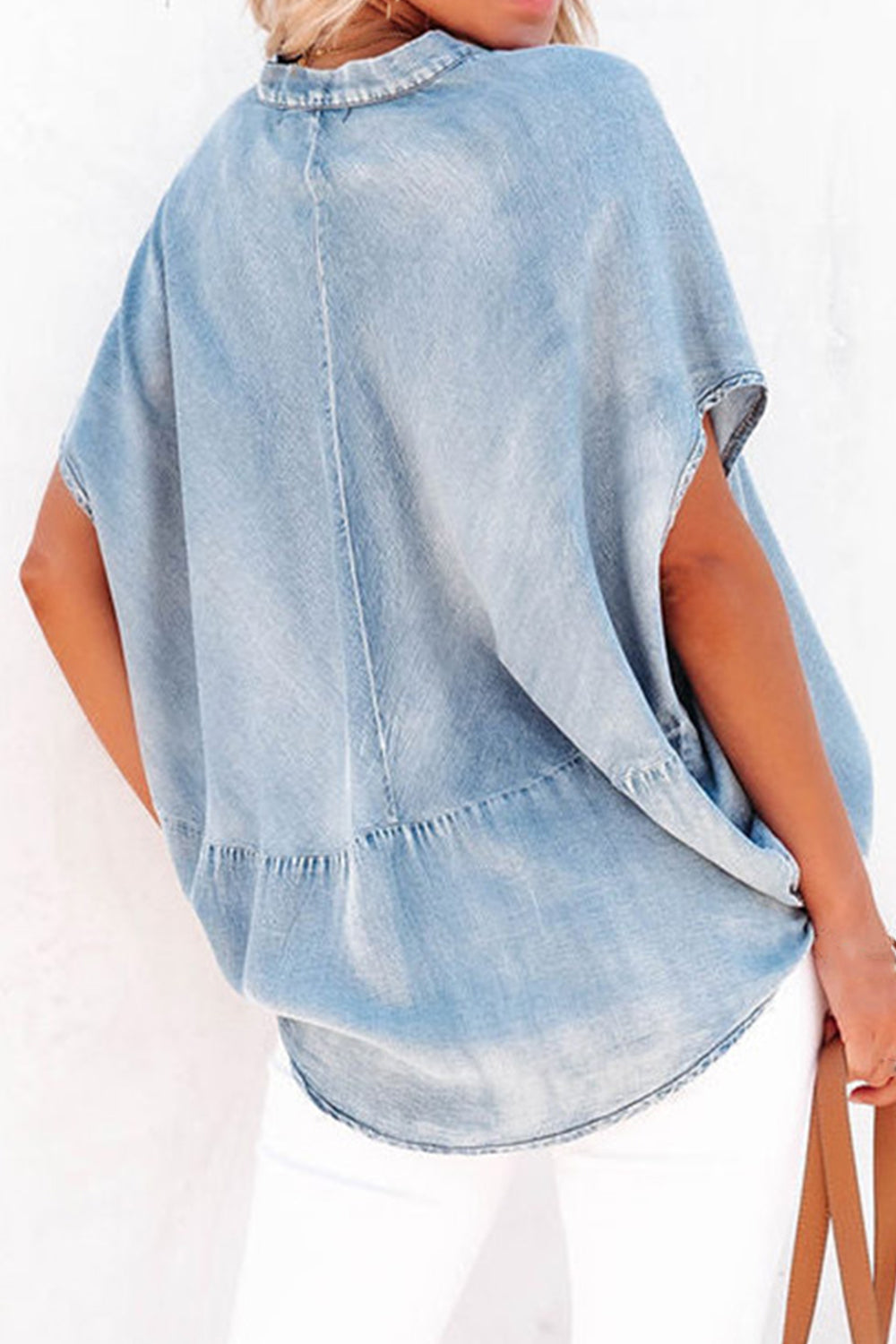 Notched Short Sleeve Denim Top - RebelReine Apparel & Co.