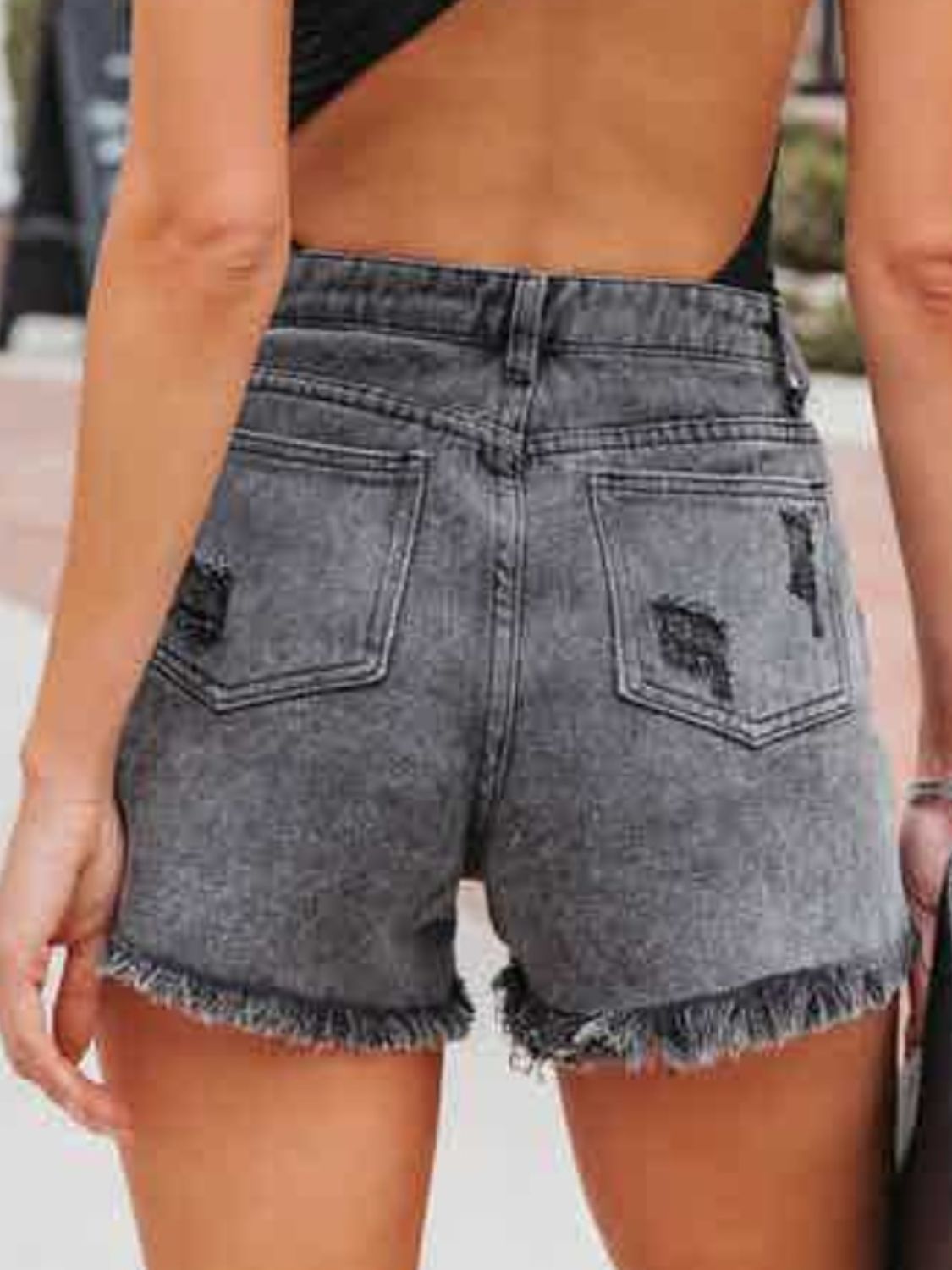 Distressed Fringe Denim Shorts with Pockets - RebelReine Apparel & Co.