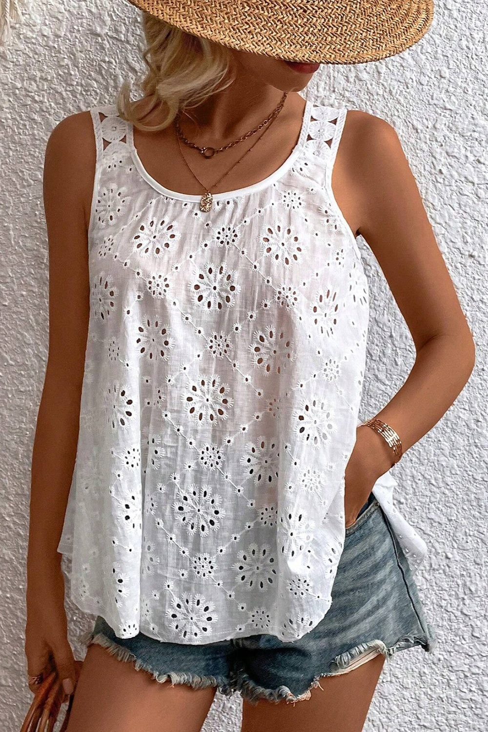 Eyelet Round Neck Wide Strap Tank - RebelReine Apparel & Co.