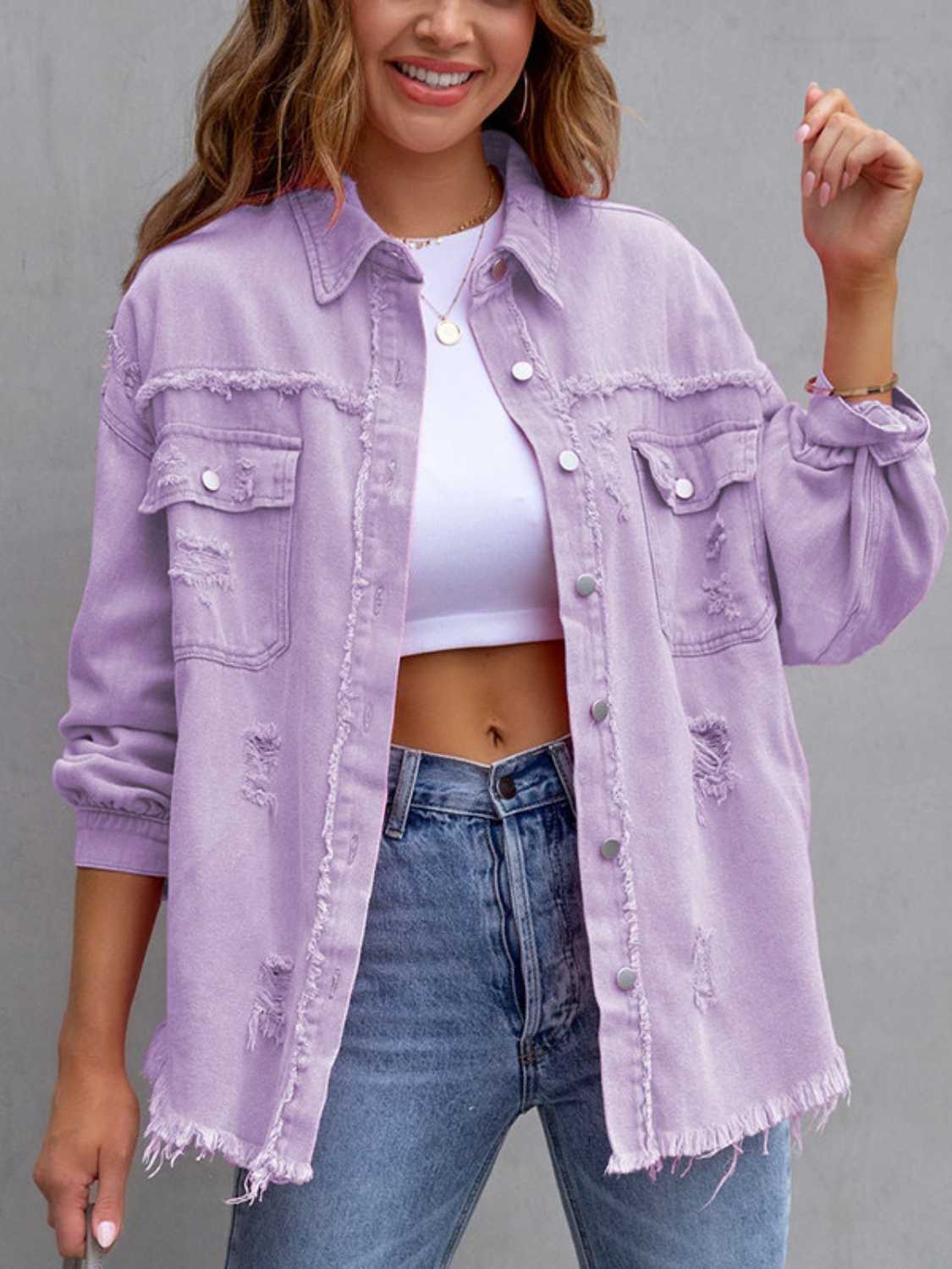 Distressed Drop Shoulder Denim Jacket - RebelReine Apparel & Co.