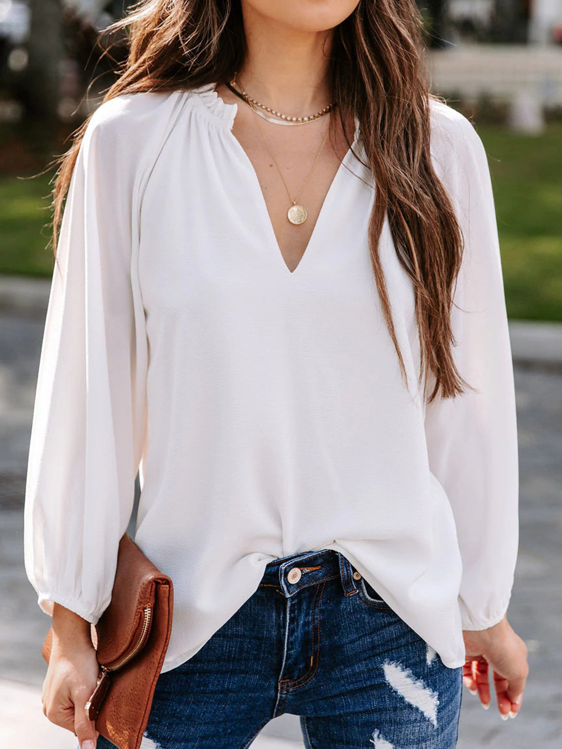 Notched Neck Long Sleeve Blouse - RebelReine Apparel & Co.