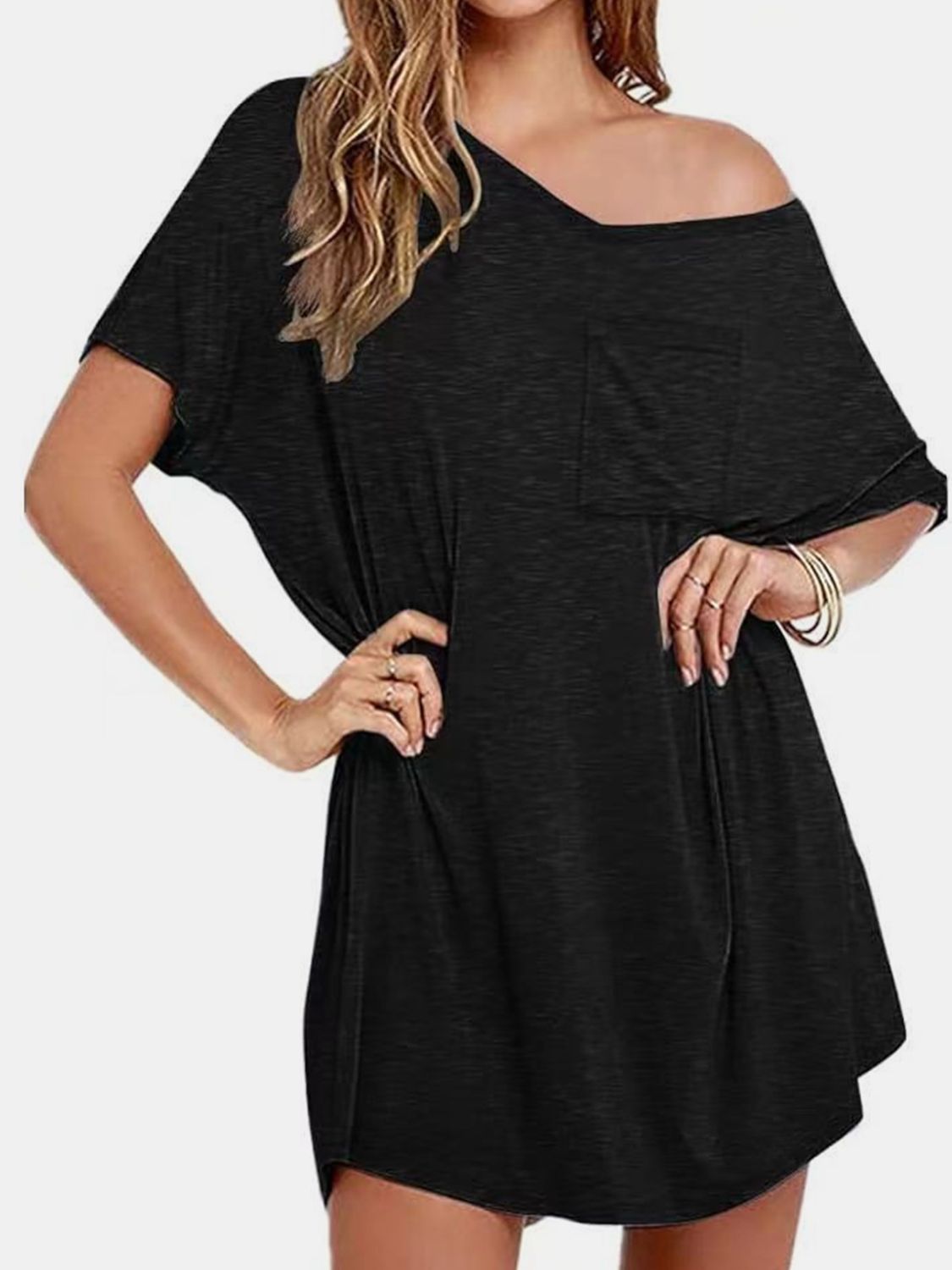 Pocketed V-Neck Short Sleeve Tee Dress - RebelReine Apparel & Co.