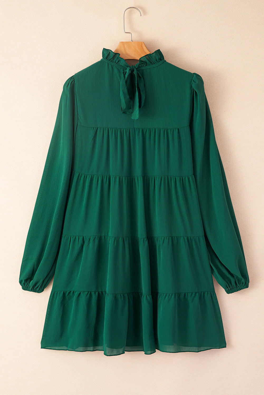 Green Puff Sleeve Mock Neck Back Knot Tiered Dress - RebelReine Apparel & Co.