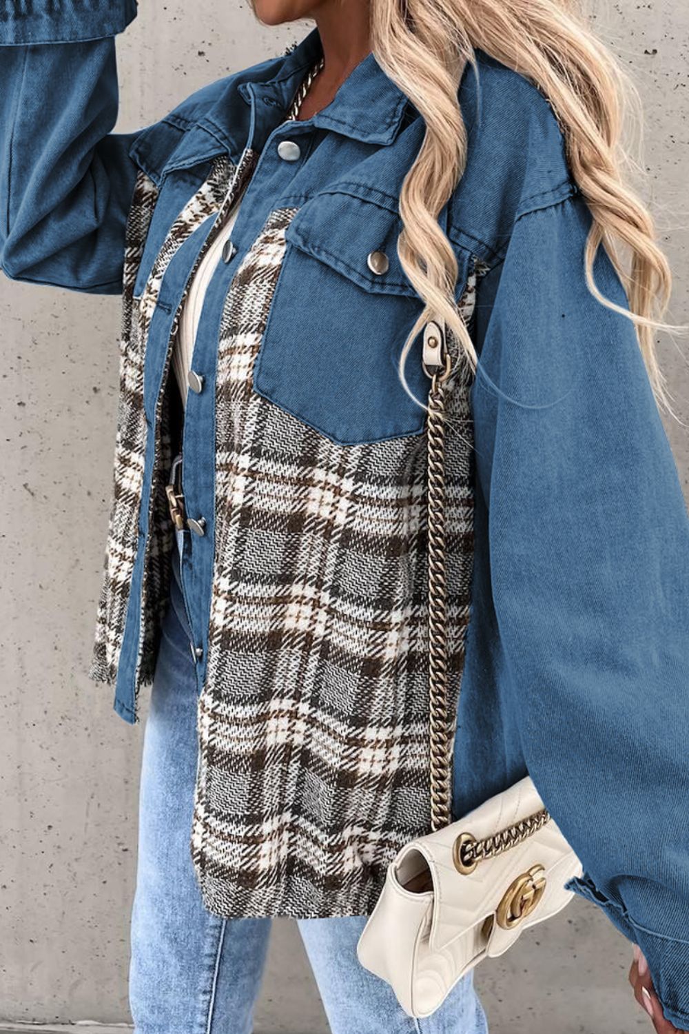 Plaid Pocketed Button Up Denim Jacket - RebelReine Apparel & Co.