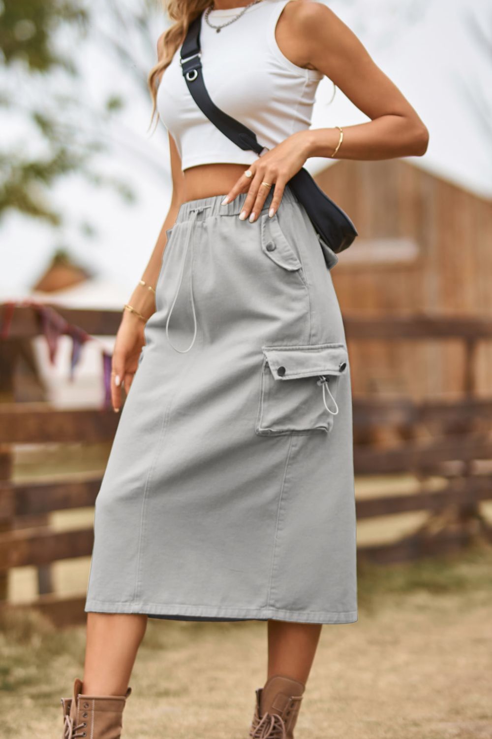 Drawstring Waist Slit Denim Skirt - RebelReine Apparel & Co.