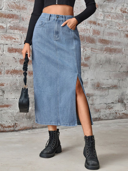 Slit High Waist Denim Skirt with Pockets - RebelReine Apparel & Co.