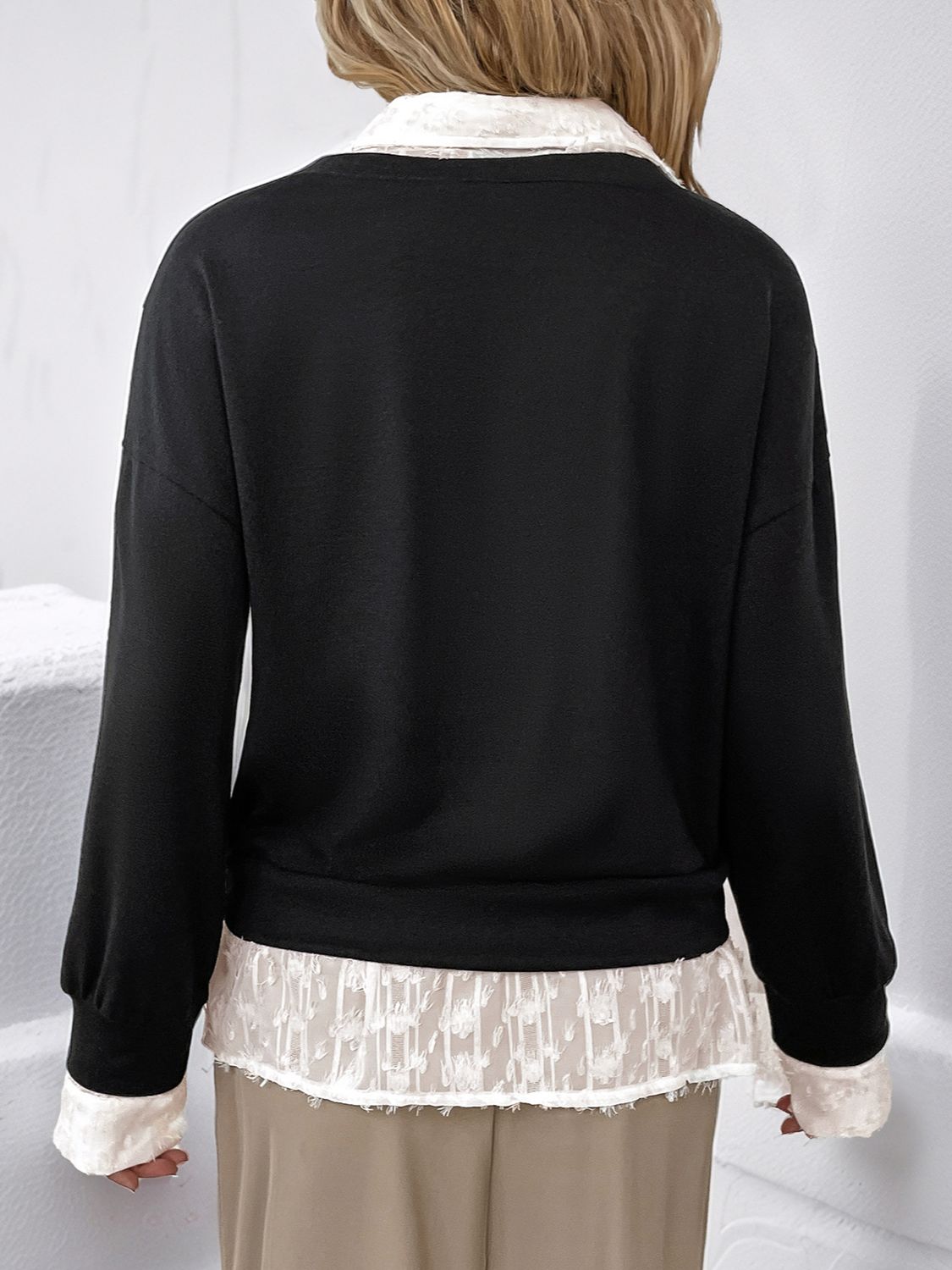 Perfee Faux Layered Contrast Long Sleeve Sweatshirt