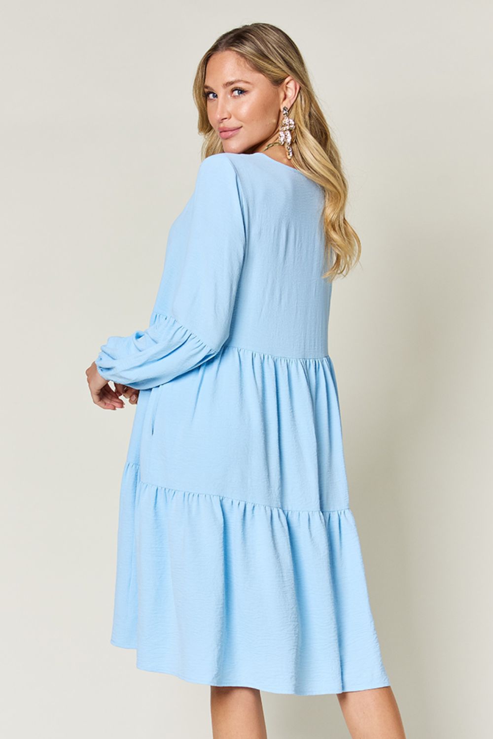 Double Take Full Size V-Neck Balloon Sleeve Tiered Dress - RebelReine Apparel & Co.