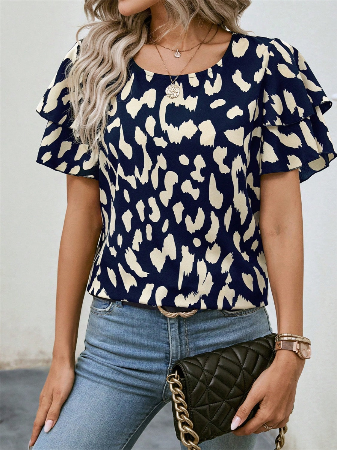 Ruffled Printed Round Neck Short Sleeve Blouse - RebelReine Apparel & Co.