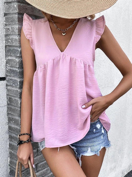 Ruffled V-Neck Cap Sleeve Blouse - RebelReine Apparel & Co.