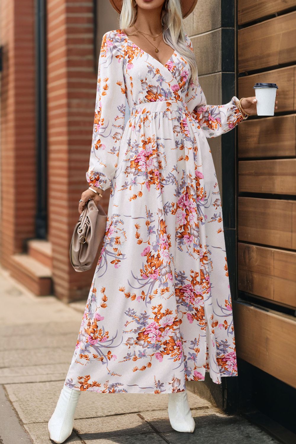 Slit Printed Surplice Long Sleeve Maxi Dress