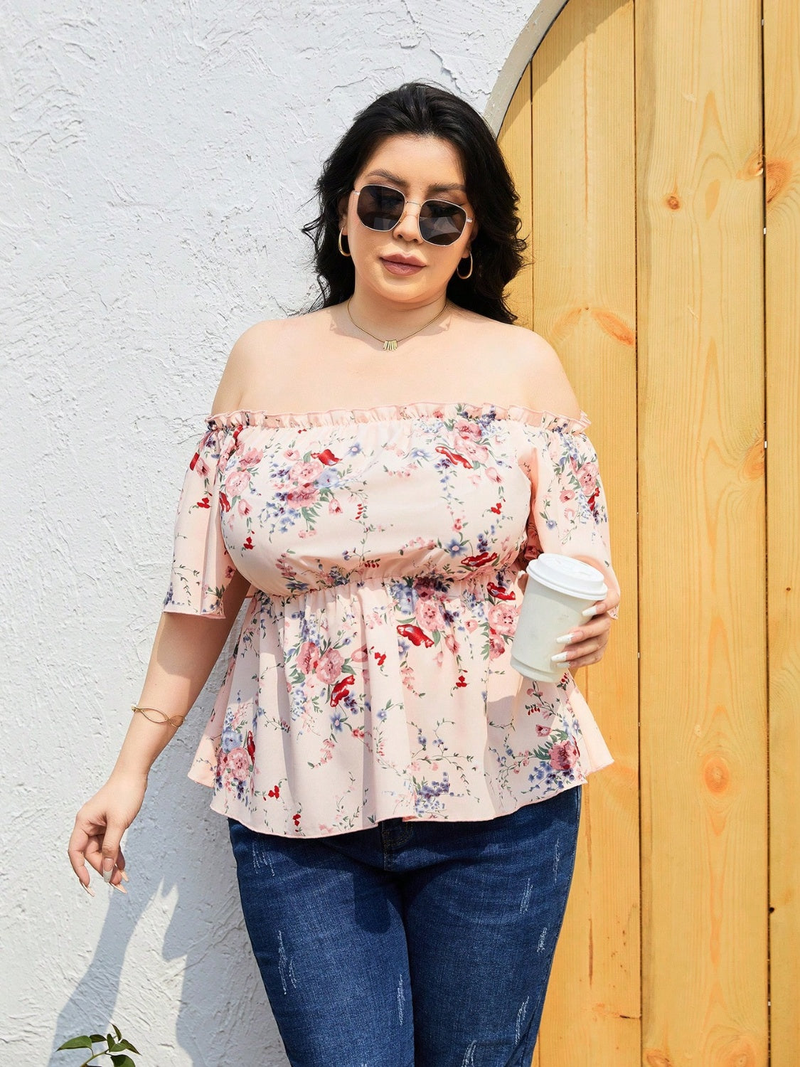 Plus Size Frill Printed Flutter Sleeve Blouse - RebelReine Apparel & Co.