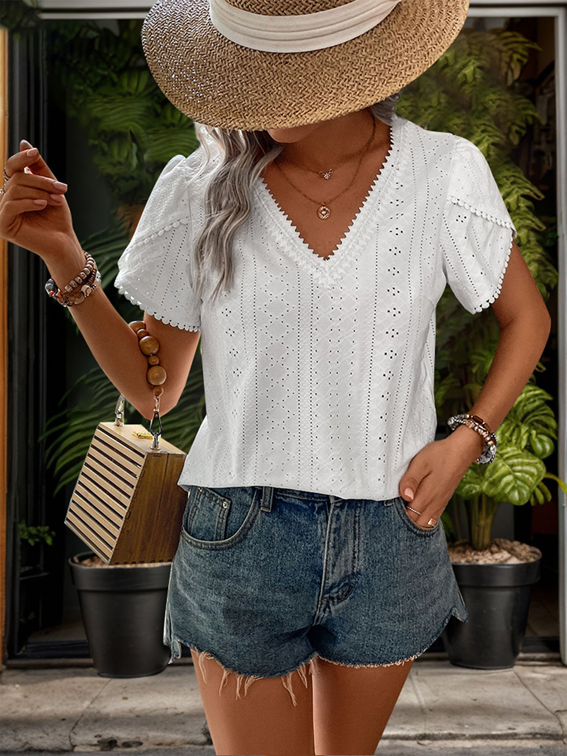 Eyelet V-Neck Petal Sleeve Blouse - RebelReine Apparel & Co.