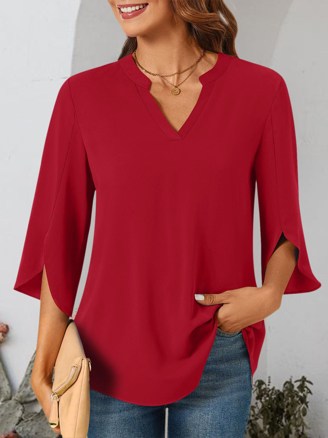 Notched Slit Half Sleeve Blouse - RebelReine Apparel & Co.