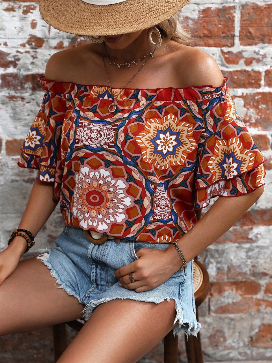 Printed Off-Shoulder Half Sleeve Blouse - RebelReine Apparel & Co.