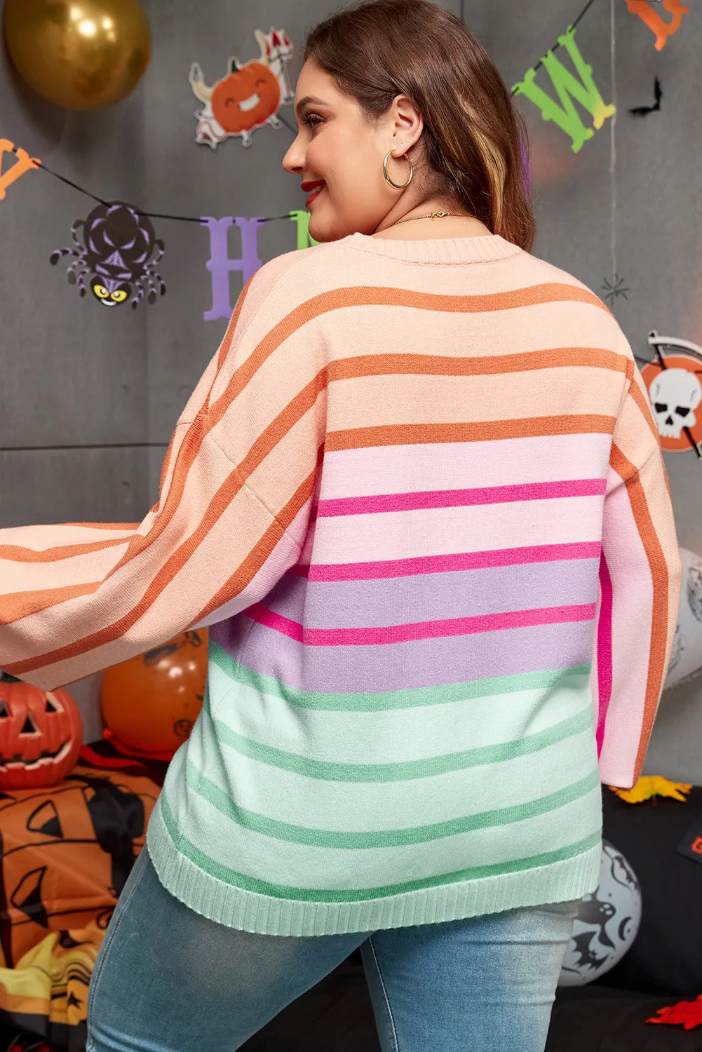 Plus Size Striped Round Neck Long Sleeve Sweater