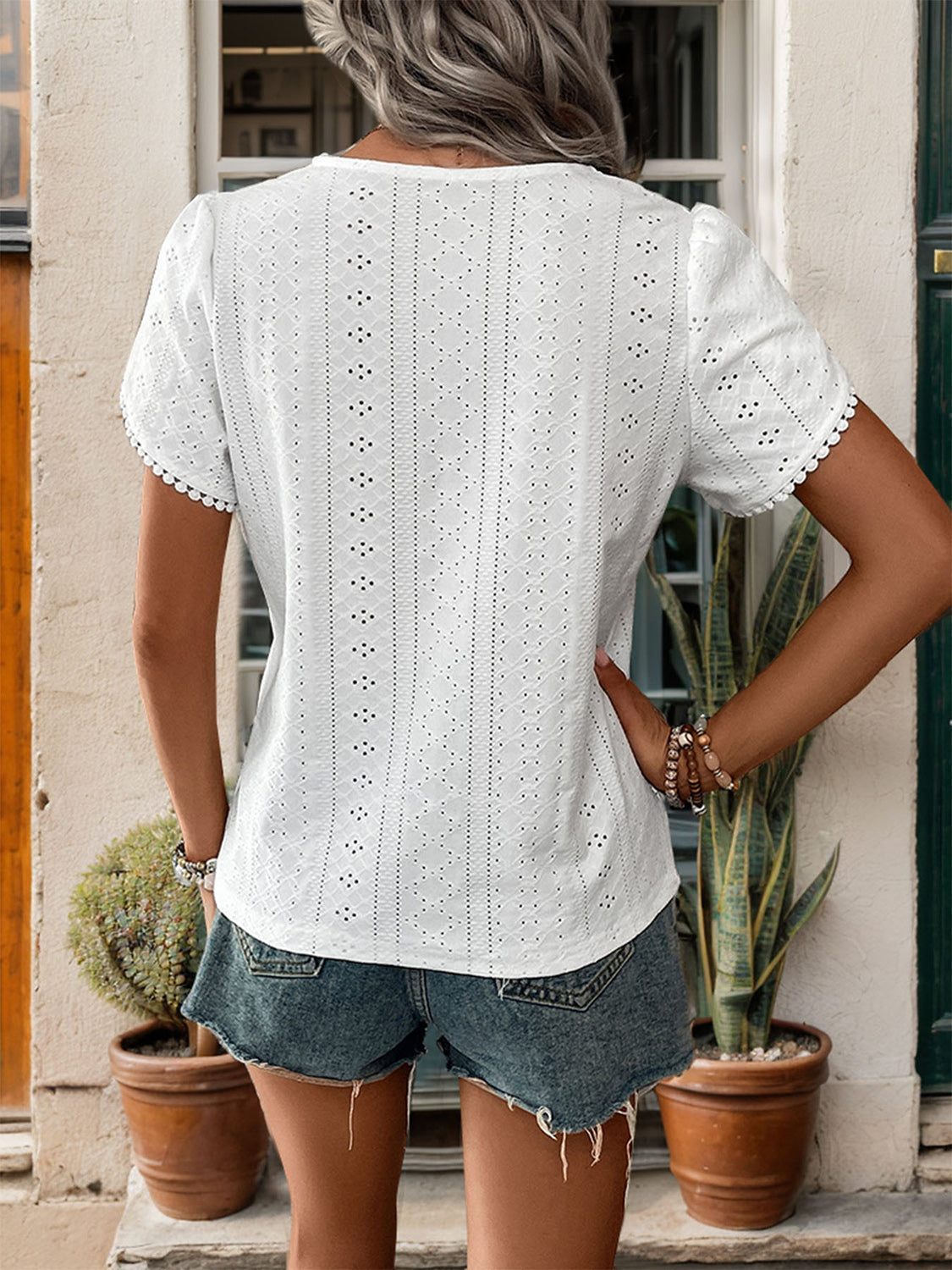 Eyelet V-Neck Petal Sleeve Blouse - RebelReine Apparel & Co.