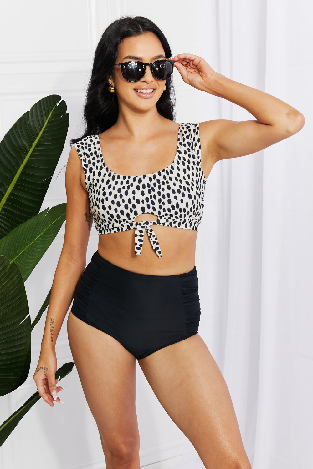 Marina West Swim Sanibel Crop Swim Top and Ruched Bottoms Set in Black - RebelReine Apparel & Co.